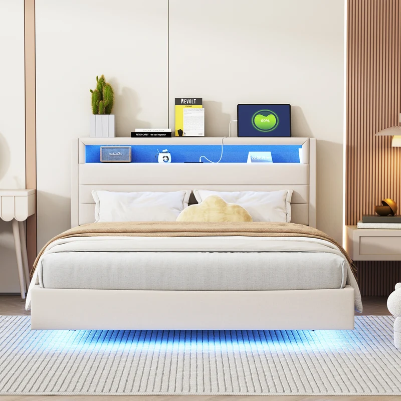 Lit double tissu beige avec rangement tête de lit, prises USB et éclairage LED intégré 140x200cm (matelas non inclus) BIOMASS