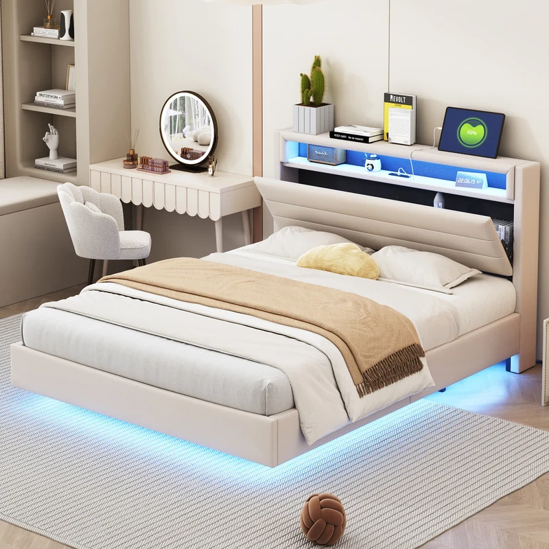 Lit double tissu beige avec rangement tête de lit, prises USB et éclairage LED intégré 140x200cm (matelas non inclus) BIOMASS