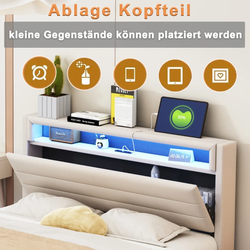 Lit double tissu beige avec rangement tête de lit, prises USB et éclairage LED intégré 140x200cm (matelas non inclus) BIOMASS