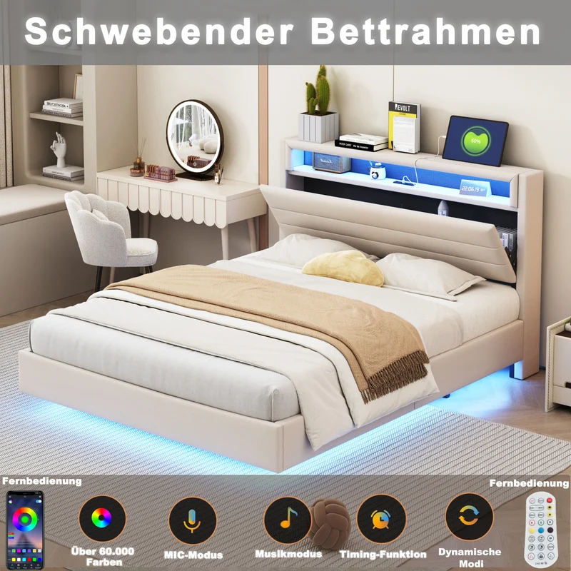 Lit double tissu beige avec rangement tête de lit, prises USB et éclairage LED intégré 140x200cm (matelas non inclus) BIOMASS