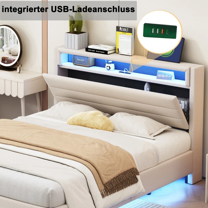 Lit double tissu beige avec rangement tête de lit, prises USB et éclairage LED intégré 140x200cm (matelas non inclus) BIOMASS
