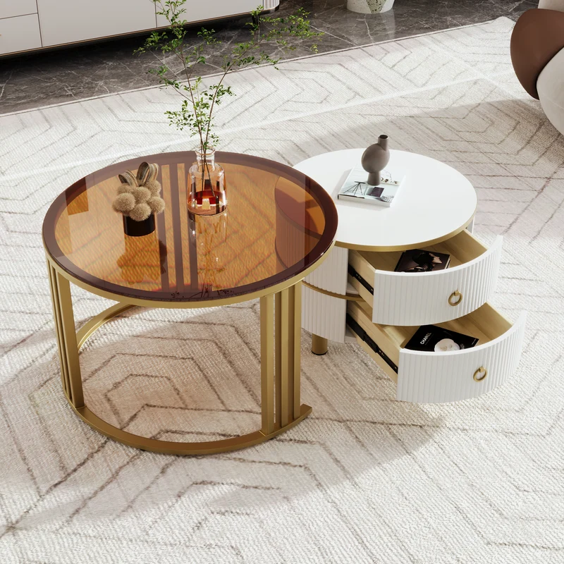 Table basse gigogne luxe blanc et doré 2 tiroirs verre teinté OLNE