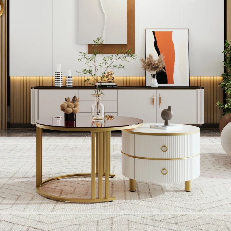 Table basse gigogne luxe blanc et doré 2 tiroirs verre teinté OLNE