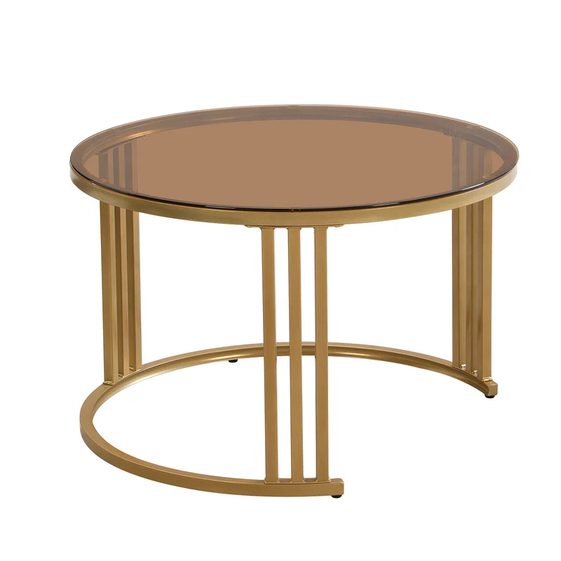 Table basse gigogne luxe blanc et doré 2 tiroirs verre teinté OLNE