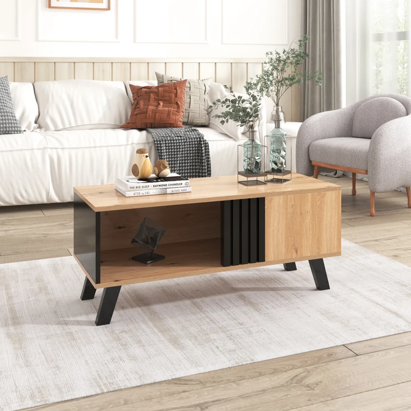 Table basse rectangulaire industriel effet bois et noir rangement 3 cotés 100x60x43cm TRONNEALL