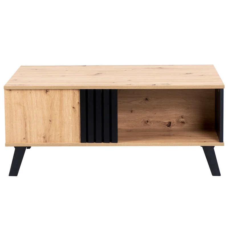 Table basse rectangulaire industriel effet bois et noir rangement 3 cotés 100x60x43cm TRONNEALL