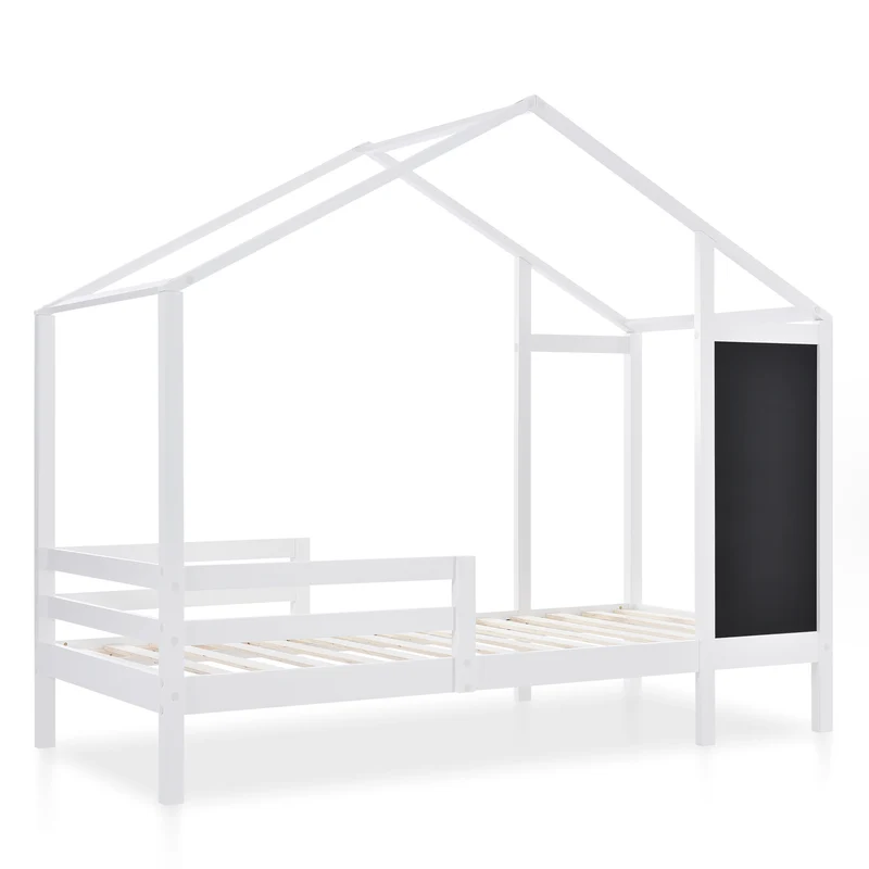 Lit enfant lit cabane blanc 90 x 200 cm maison bois massif avec clôture et sommier à lattes 2 tiroirs roulettes rangement, tableau noir (sans matelas) CHOLLUD