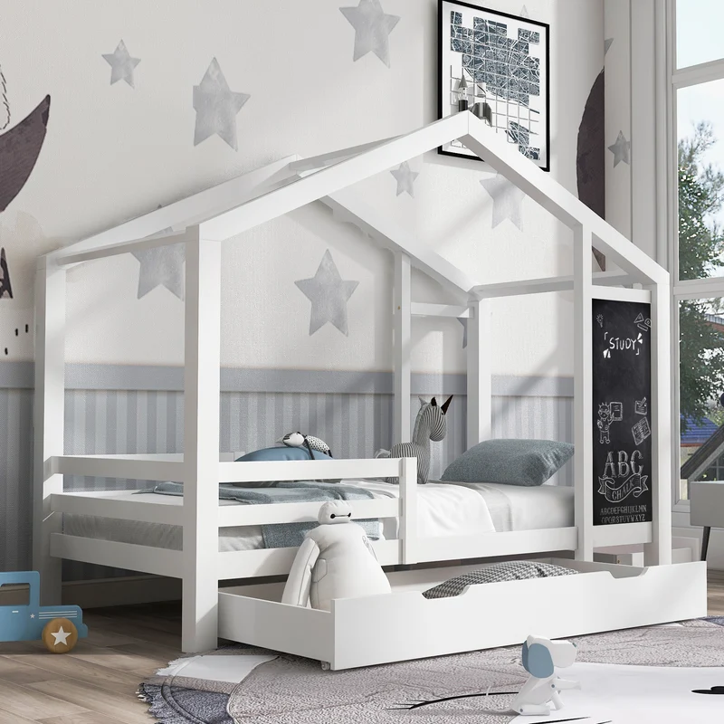 Lit enfant lit cabane blanc 90 x 200 cm maison bois massif avec clôture et sommier à lattes 2 tiroirs roulettes rangement, tableau noir (sans matelas) CHOLLUD