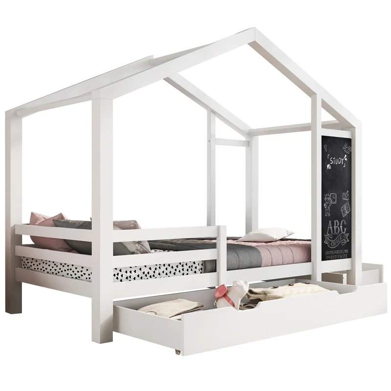 Lit enfant lit cabane blanc 90 x 200 cm maison bois massif avec clôture et sommier à lattes 2 tiroirs roulettes rangement, tableau noir (sans matelas) CHOLLUD
