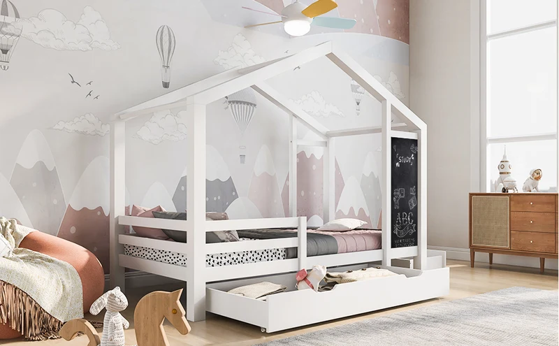 Lit enfant lit cabane blanc 90 x 200 cm maison bois massif avec clôture et sommier à lattes 2 tiroirs roulettes rangement, tableau noir (sans matelas) CHOLLUD