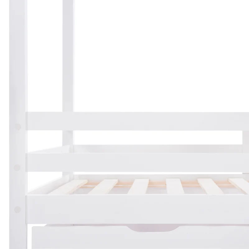 Lit enfant lit cabane blanc 90 x 200 cm maison bois massif avec clôture et sommier à lattes 2 tiroirs roulettes rangement, tableau noir (sans matelas) CHOLLUD