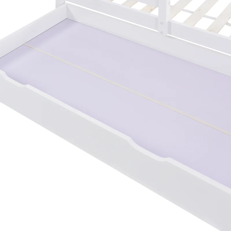 Lit enfant lit cabane blanc 90 x 200 cm maison bois massif avec clôture et sommier à lattes 2 tiroirs roulettes rangement, tableau noir (sans matelas) CHOLLUD