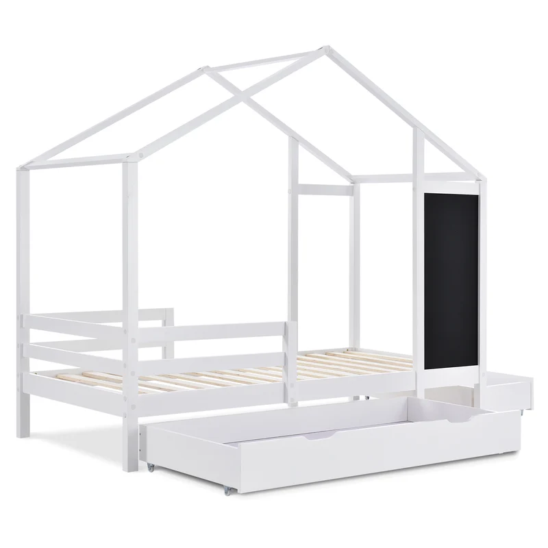 Lit enfant lit cabane blanc 90 x 200 cm maison bois massif avec clôture et sommier à lattes 2 tiroirs roulettes rangement, tableau noir (sans matelas) CHOLLUD