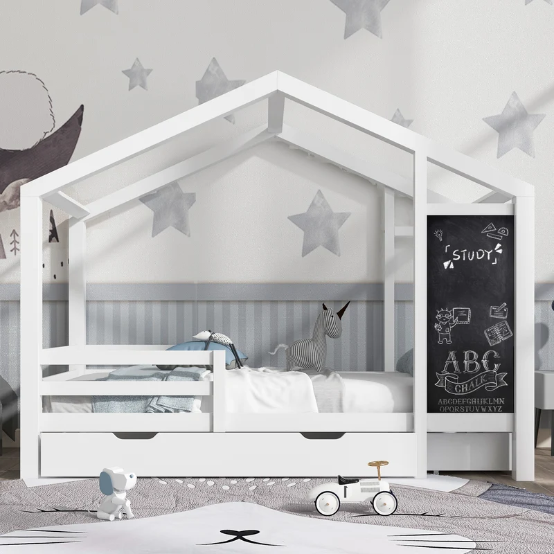 Lit enfant lit cabane blanc 90 x 200 cm maison bois massif avec clôture et sommier à lattes 2 tiroirs roulettes rangement, tableau noir (sans matelas) CHOLLUD