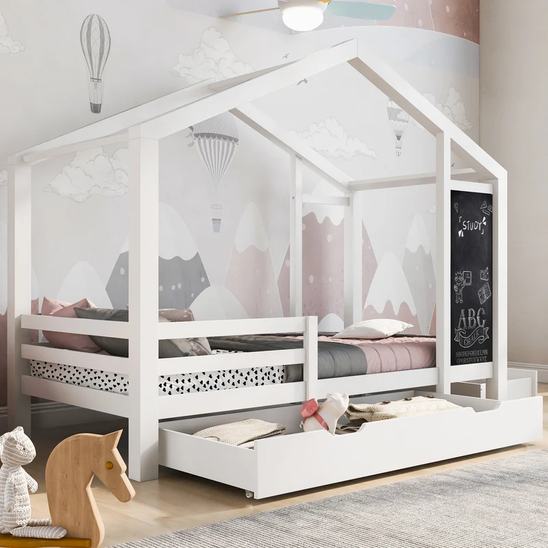 Lit enfant lit cabane blanc 90 x 200 cm maison bois massif avec clôture et sommier à lattes 2 tiroirs roulettes rangement, tableau noir (sans matelas) CHOLLUD