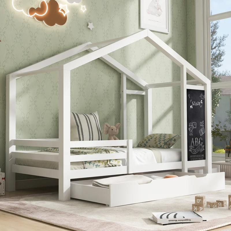 Lit enfant lit cabane blanc 90 x 200 cm maison bois massif avec clôture et sommier à lattes 2 tiroirs roulettes rangement, tableau noir (sans matelas) CHOLLUD