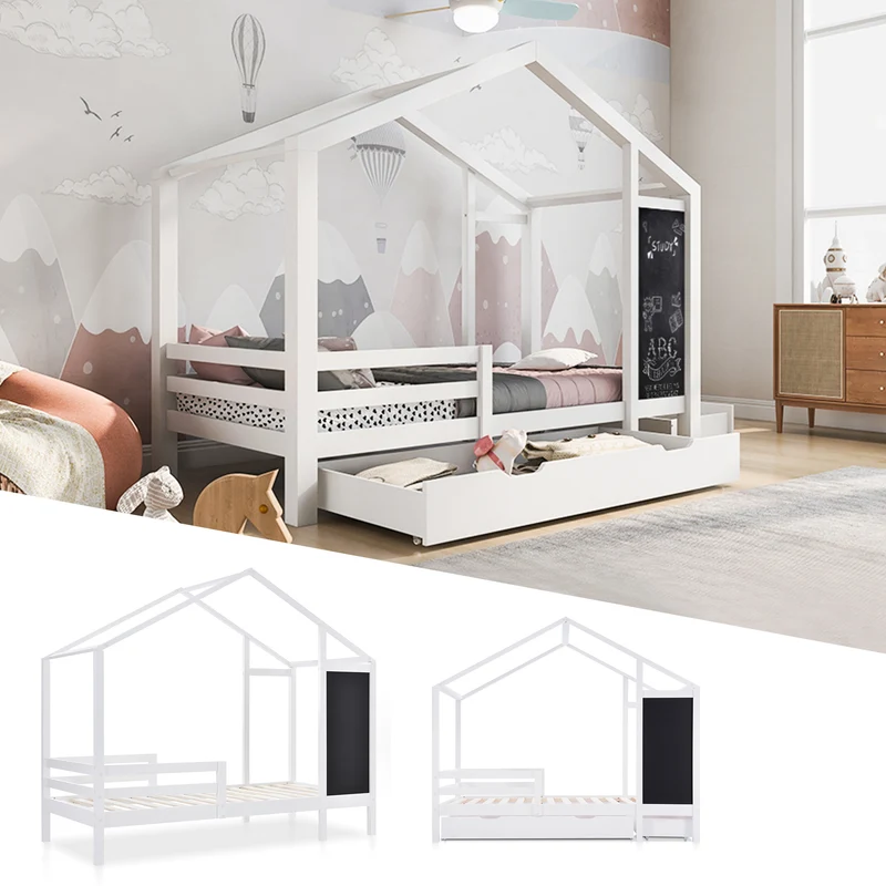 Lit enfant lit cabane blanc 90 x 200 cm maison bois massif avec clôture et sommier à lattes 2 tiroirs roulettes rangement, tableau noir (sans matelas) CHOLLUD
