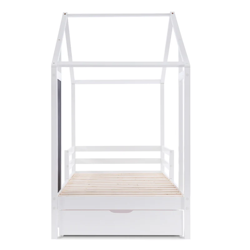 Lit enfant lit cabane blanc 90 x 200 cm maison bois massif avec clôture et sommier à lattes 2 tiroirs roulettes rangement, tableau noir (sans matelas) CHOLLUD
