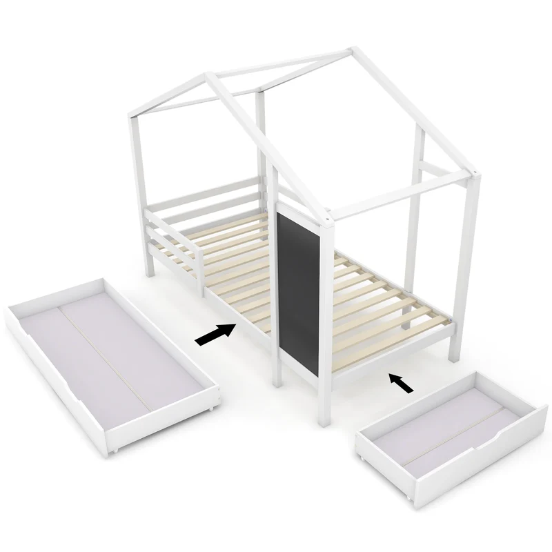 Lit enfant lit cabane blanc 90 x 200 cm maison bois massif avec clôture et sommier à lattes 2 tiroirs roulettes rangement, tableau noir (sans matelas) CHOLLUD