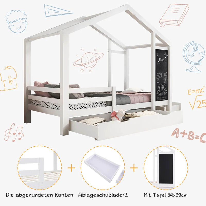Lit enfant lit cabane blanc 90 x 200 cm maison bois massif avec clôture et sommier à lattes 2 tiroirs roulettes rangement, tableau noir (sans matelas) CHOLLUD