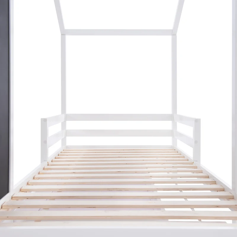 Lit enfant lit cabane blanc 90 x 200 cm maison bois massif avec clôture et sommier à lattes 2 tiroirs roulettes rangement, tableau noir (sans matelas) CHOLLUD