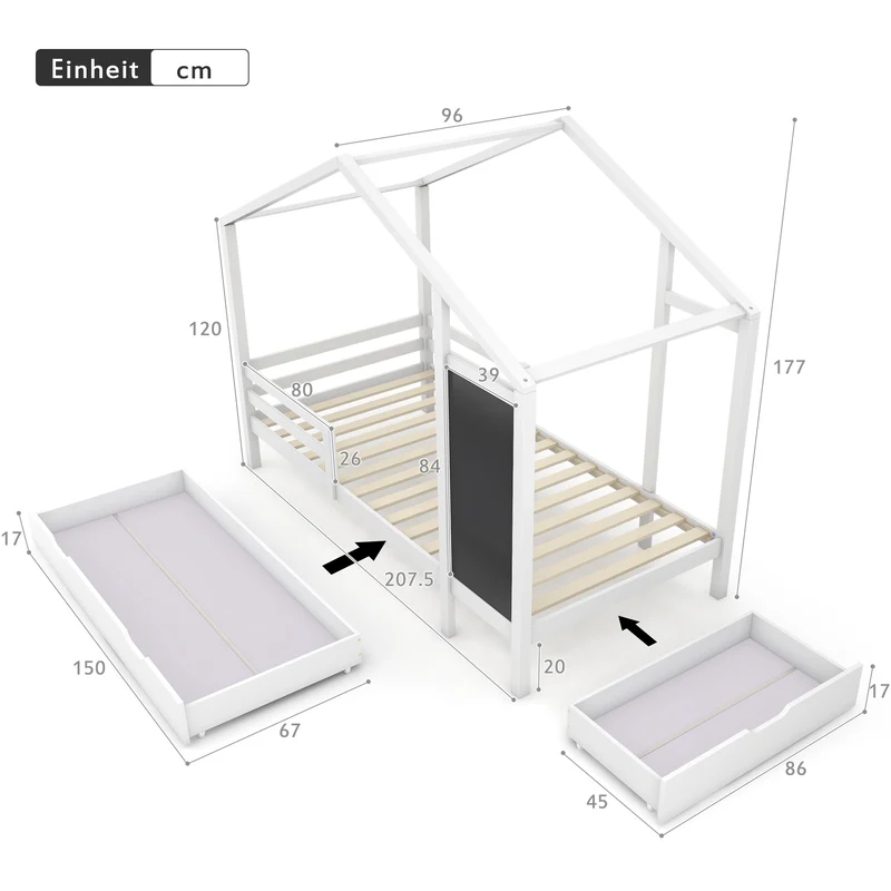Lit enfant lit cabane blanc 90 x 200 cm maison bois massif avec clôture et sommier à lattes 2 tiroirs roulettes rangement, tableau noir (sans matelas) CHOLLUD