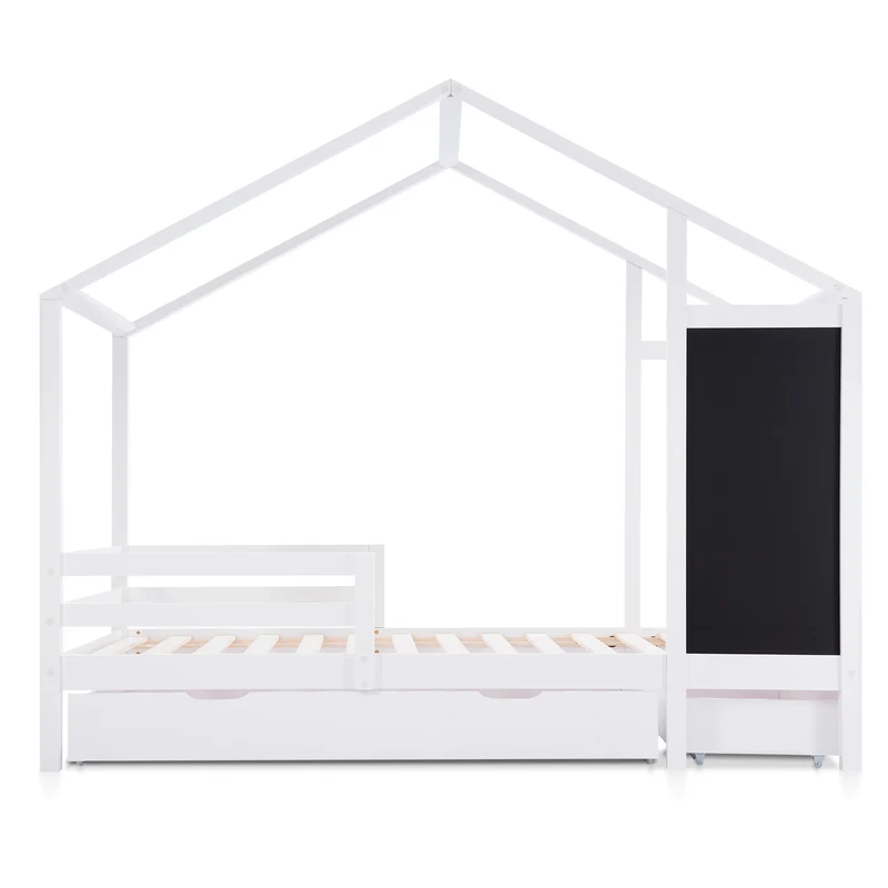 Lit enfant lit cabane blanc 90 x 200 cm maison bois massif avec clôture et sommier à lattes 2 tiroirs roulettes rangement, tableau noir (sans matelas) CHOLLUD