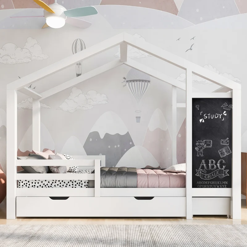 Lit enfant lit cabane blanc 90 x 200 cm maison bois massif avec clôture et sommier à lattes 2 tiroirs roulettes rangement, tableau noir (sans matelas) CHOLLUD