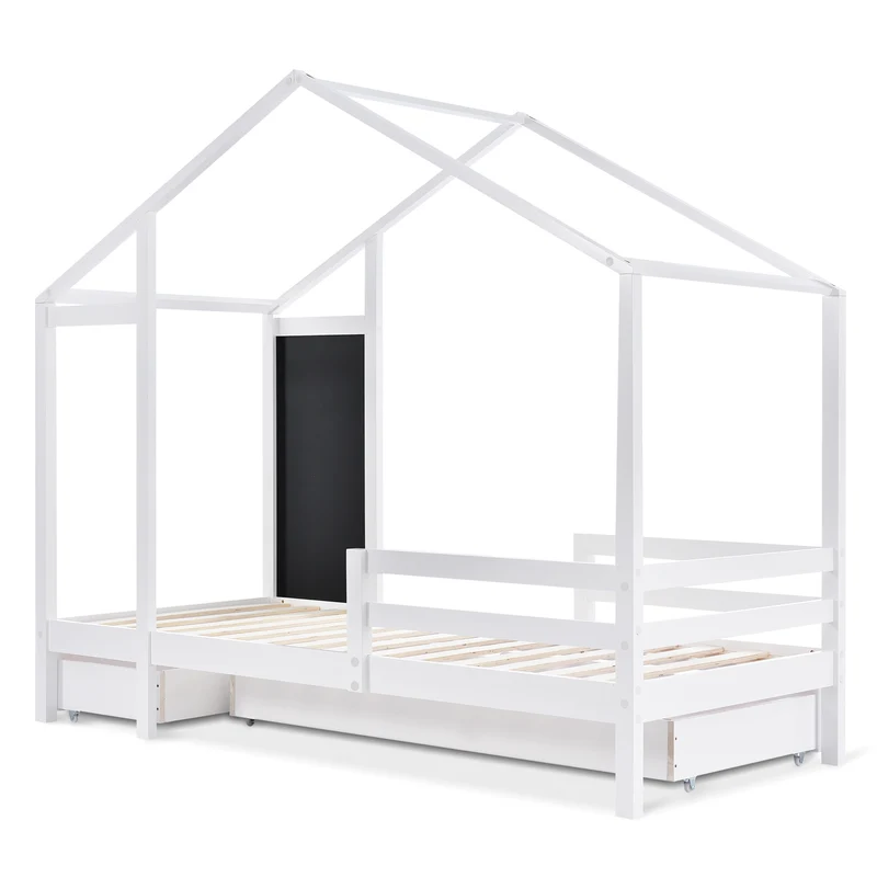 Lit enfant lit cabane blanc 90 x 200 cm maison bois massif avec clôture et sommier à lattes 2 tiroirs roulettes rangement, tableau noir (sans matelas) CHOLLUD