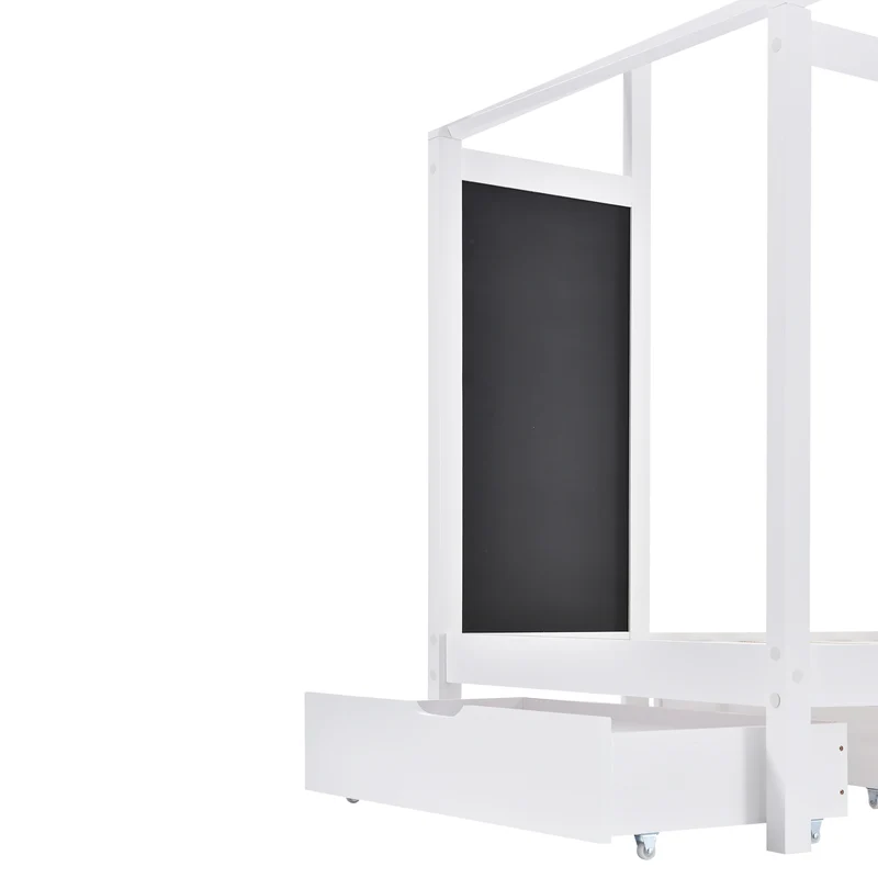 Lit enfant lit cabane blanc 90 x 200 cm maison bois massif avec clôture et sommier à lattes 2 tiroirs roulettes rangement, tableau noir (sans matelas) CHOLLUD