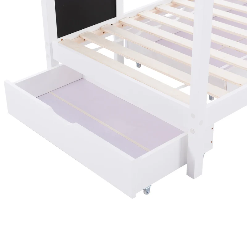 Lit enfant lit cabane blanc 90 x 200 cm maison bois massif avec clôture et sommier à lattes 2 tiroirs roulettes rangement, tableau noir (sans matelas) CHOLLUD