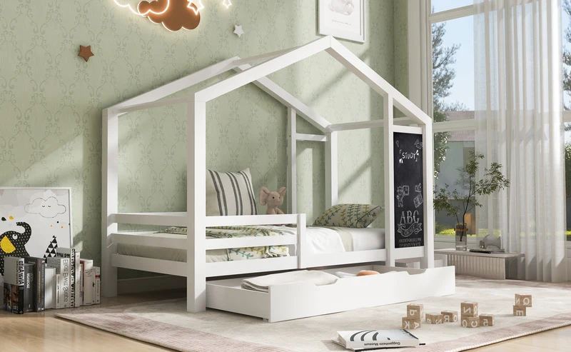 Lit enfant lit cabane blanc 90 x 200 cm maison bois massif avec clôture et sommier à lattes 2 tiroirs roulettes rangement, tableau noir (sans matelas) CHOLLUD