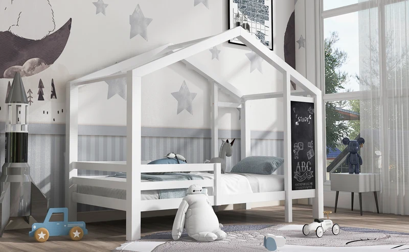 Lit enfant lit cabane blanc 90 x 200 cm maison bois massif avec clôture et sommier à lattes 2 tiroirs roulettes rangement, tableau noir (sans matelas) CHOLLUD