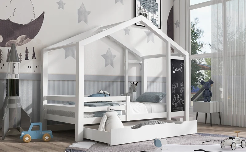 Lit enfant lit cabane blanc 90 x 200 cm maison bois massif avec clôture et sommier à lattes 2 tiroirs roulettes rangement, tableau noir (sans matelas) CHOLLUD