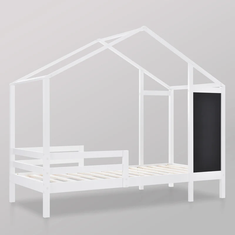 Lit enfant lit cabane blanc 90 x 200 cm maison bois massif avec clôture et sommier à lattes 2 tiroirs roulettes rangement, tableau noir (sans matelas) CHOLLUD