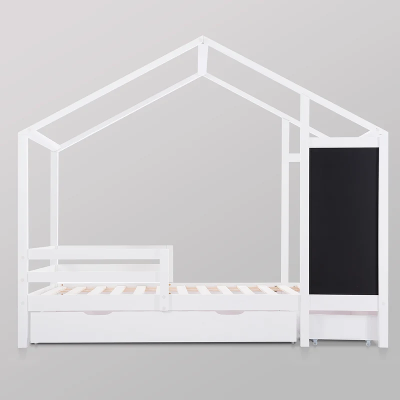 Lit enfant lit cabane blanc 90 x 200 cm maison bois massif avec clôture et sommier à lattes 2 tiroirs roulettes rangement, tableau noir (sans matelas) CHOLLUD