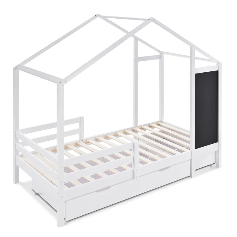 Lit enfant lit cabane blanc 90 x 200 cm maison bois massif avec clôture et sommier à lattes 2 tiroirs roulettes rangement, tableau noir (sans matelas) CHOLLUD