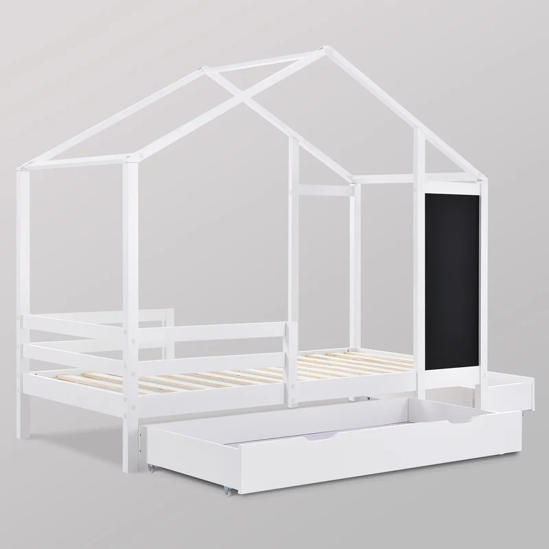 Lit enfant lit cabane blanc 90 x 200 cm maison bois massif avec clôture et sommier à lattes 2 tiroirs roulettes rangement, tableau noir (sans matelas) CHOLLUD