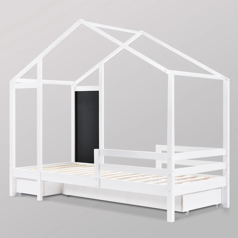 Lit enfant lit cabane blanc 90 x 200 cm maison bois massif avec clôture et sommier à lattes 2 tiroirs roulettes rangement, tableau noir (sans matelas) CHOLLUD