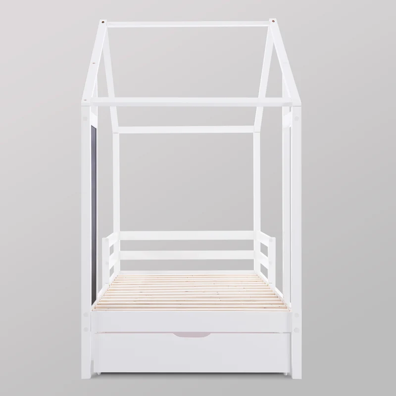 Lit enfant lit cabane blanc 90 x 200 cm maison bois massif avec clôture et sommier à lattes 2 tiroirs roulettes rangement, tableau noir (sans matelas) CHOLLUD