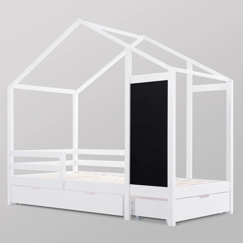 Lit enfant lit cabane blanc 90 x 200 cm maison bois massif avec clôture et sommier à lattes 2 tiroirs roulettes rangement, tableau noir (sans matelas) CHOLLUD