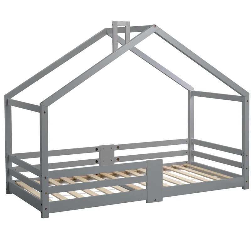 Lit enfant lit cabane avec cheminée sommier à lattes robuste lit cabane en bois de pin gris, 90 x 200 cm sans matelas STRONS