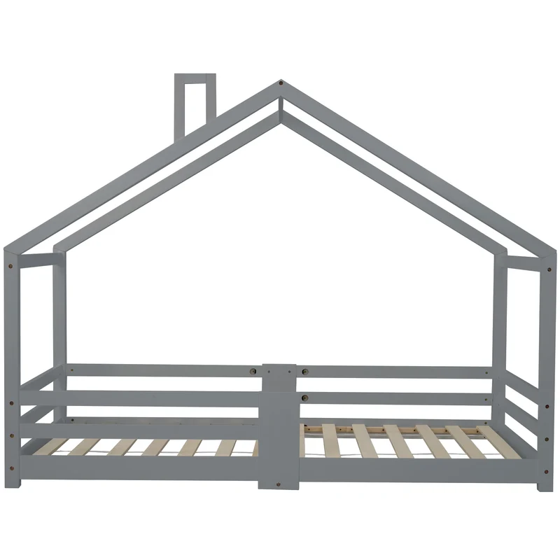 Lit enfant lit cabane avec cheminée sommier à lattes robuste lit cabane en bois de pin gris, 90 x 200 cm sans matelas STRONS
