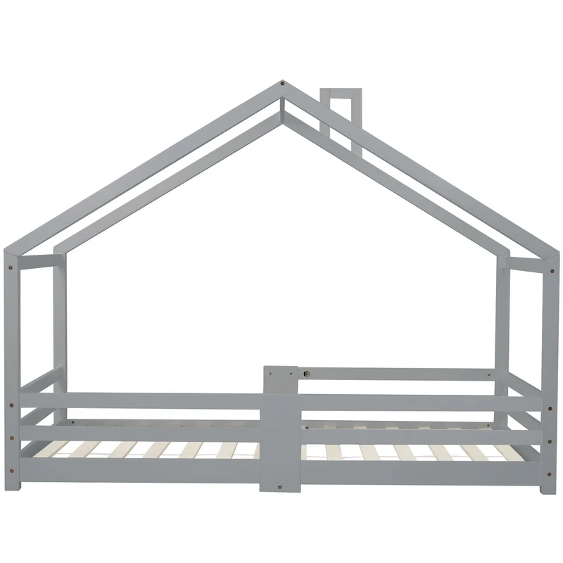 Lit enfant lit cabane avec cheminée sommier à lattes robuste lit cabane en bois de pin gris, 90 x 200 cm sans matelas STRONS