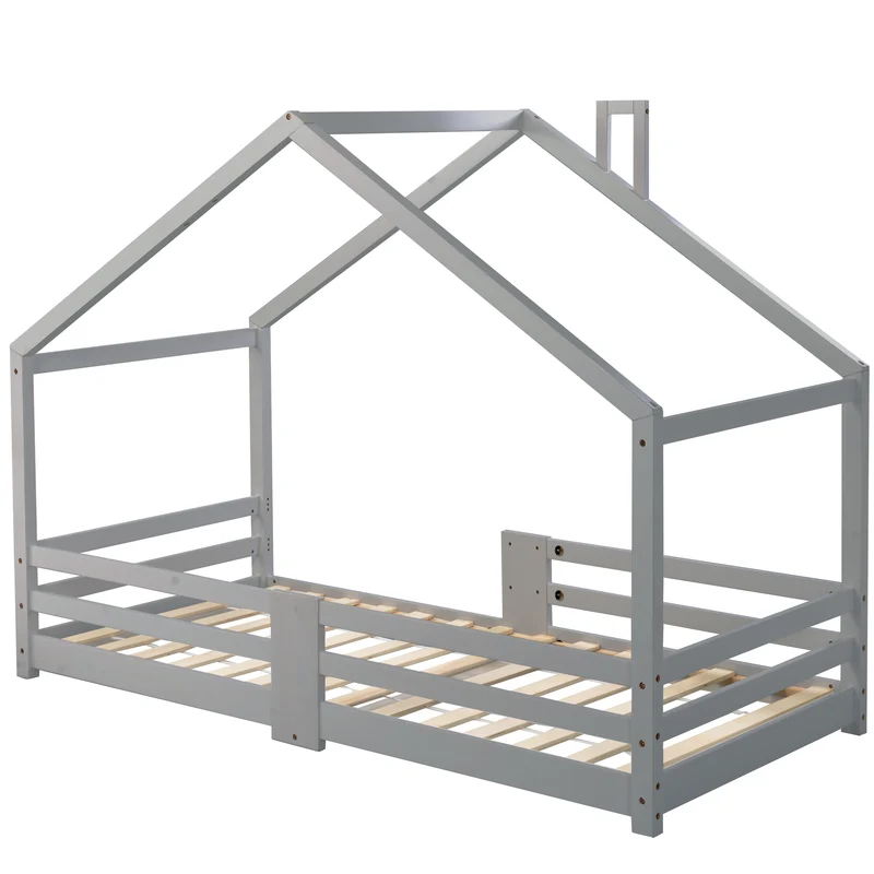 Lit enfant lit cabane avec cheminée sommier à lattes robuste lit cabane en bois de pin gris, 90 x 200 cm sans matelas STRONS