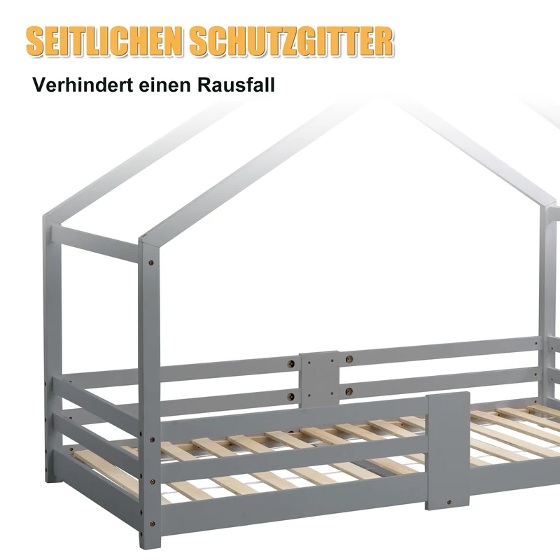 Lit enfant lit cabane avec cheminée sommier à lattes robuste lit cabane en bois de pin gris, 90 x 200 cm sans matelas STRONS