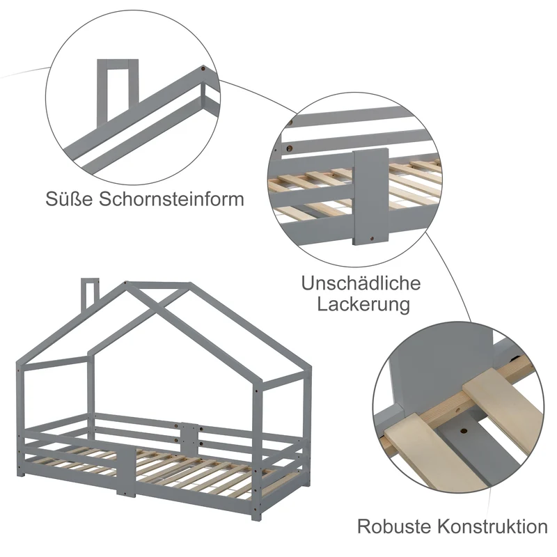 Lit enfant lit cabane avec cheminée sommier à lattes robuste lit cabane en bois de pin gris, 90 x 200 cm sans matelas STRONS