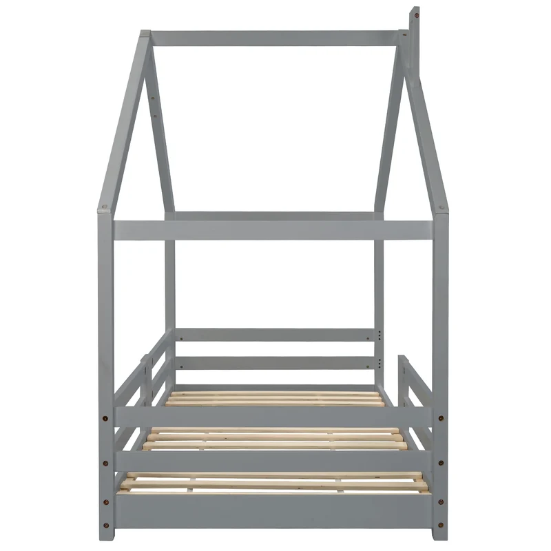 Lit enfant lit cabane avec cheminée sommier à lattes robuste lit cabane en bois de pin gris, 90 x 200 cm sans matelas STRONS