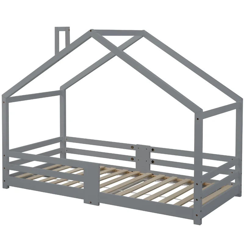 Lit enfant lit cabane avec cheminée sommier à lattes robuste lit cabane en bois de pin gris, 90 x 200 cm sans matelas STRONS