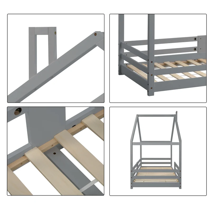 Lit enfant lit cabane avec cheminée sommier à lattes robuste lit cabane en bois de pin gris, 90 x 200 cm sans matelas STRONS